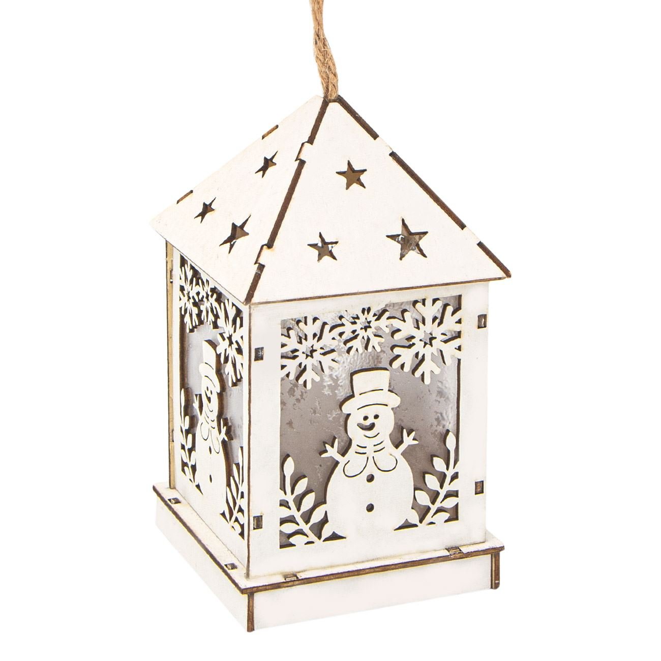 Felinar luminos din lemn cu om de zapada decorativ de Craciun, Maison du Paradis, 6.5 x 6.5 x 12 cm