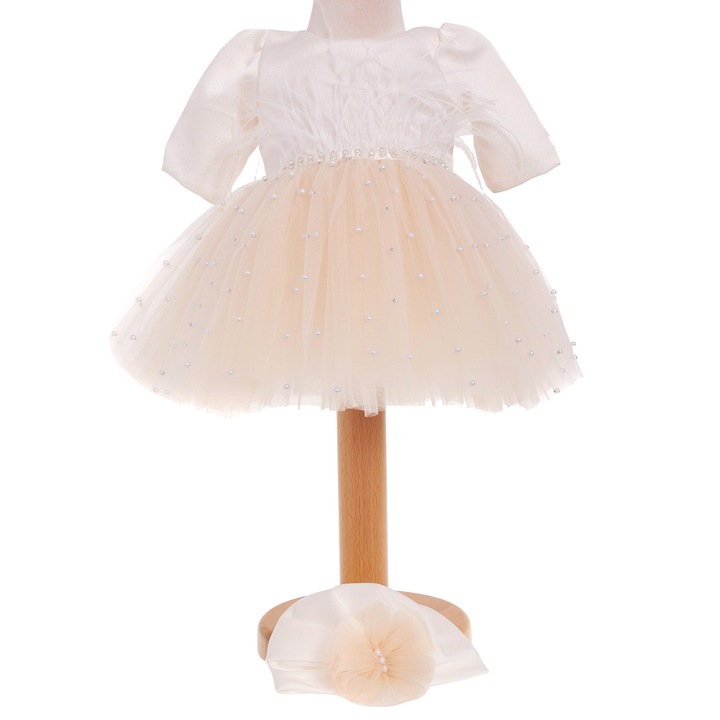 Rochita botez Julia, culoare alb-cappuccino, maneca lunga, 2 piese, 6-9 luni