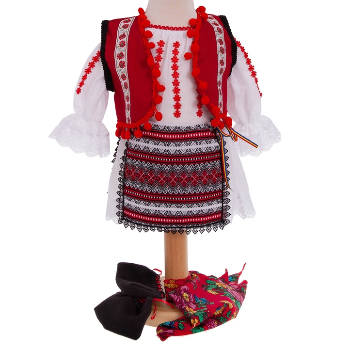 Costum popular traditional Ana, maneca lunga, 6 piese, alb-rosu, 6-9 luni
