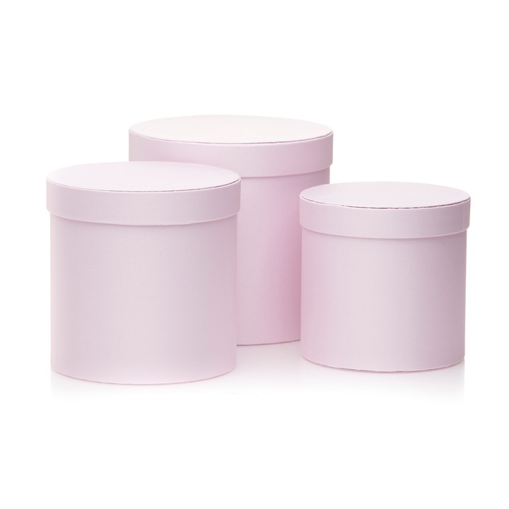 Комплект от 3 кръгли сатенени кутии, Createur, розови, 15×15,5 см, 17×17,5 см, 19×19,5 см