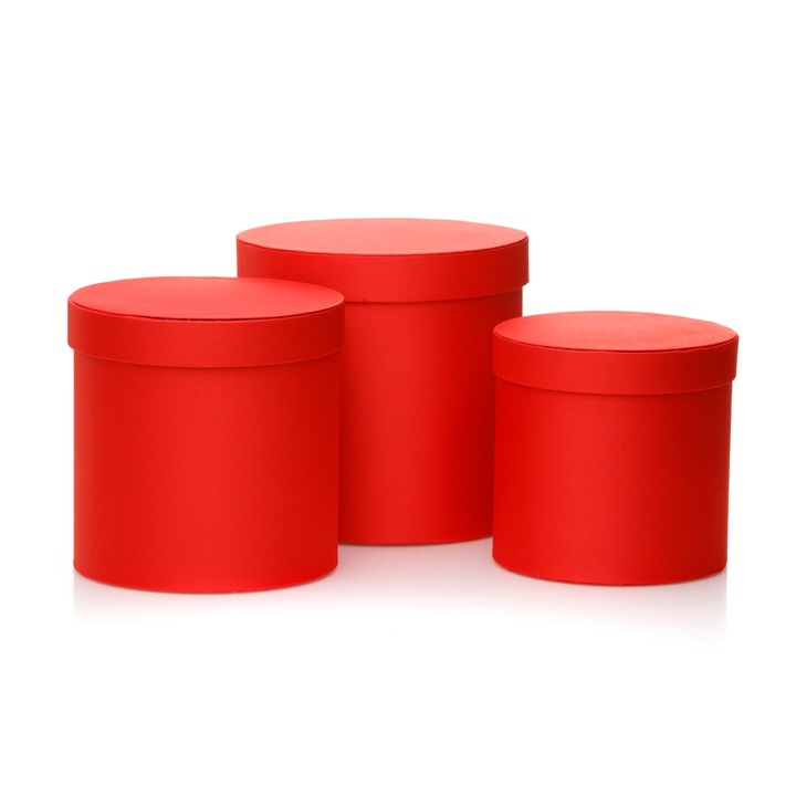 Комплект от 3 кръгли сатенени кутии, Createur, червени, 15×15,5 см, 17×17,5 см, 19×19,5 см
