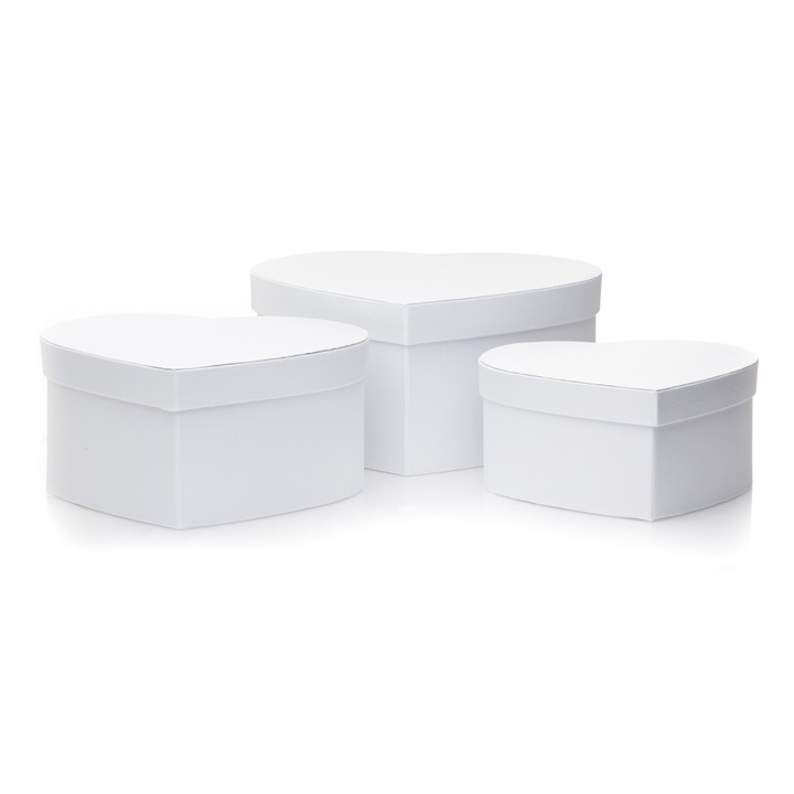 Комплект от 3 сатенени кутии сърца, Createur, бели, 20x21x10 см, 22,5x24x12 см, 25x28x14 см