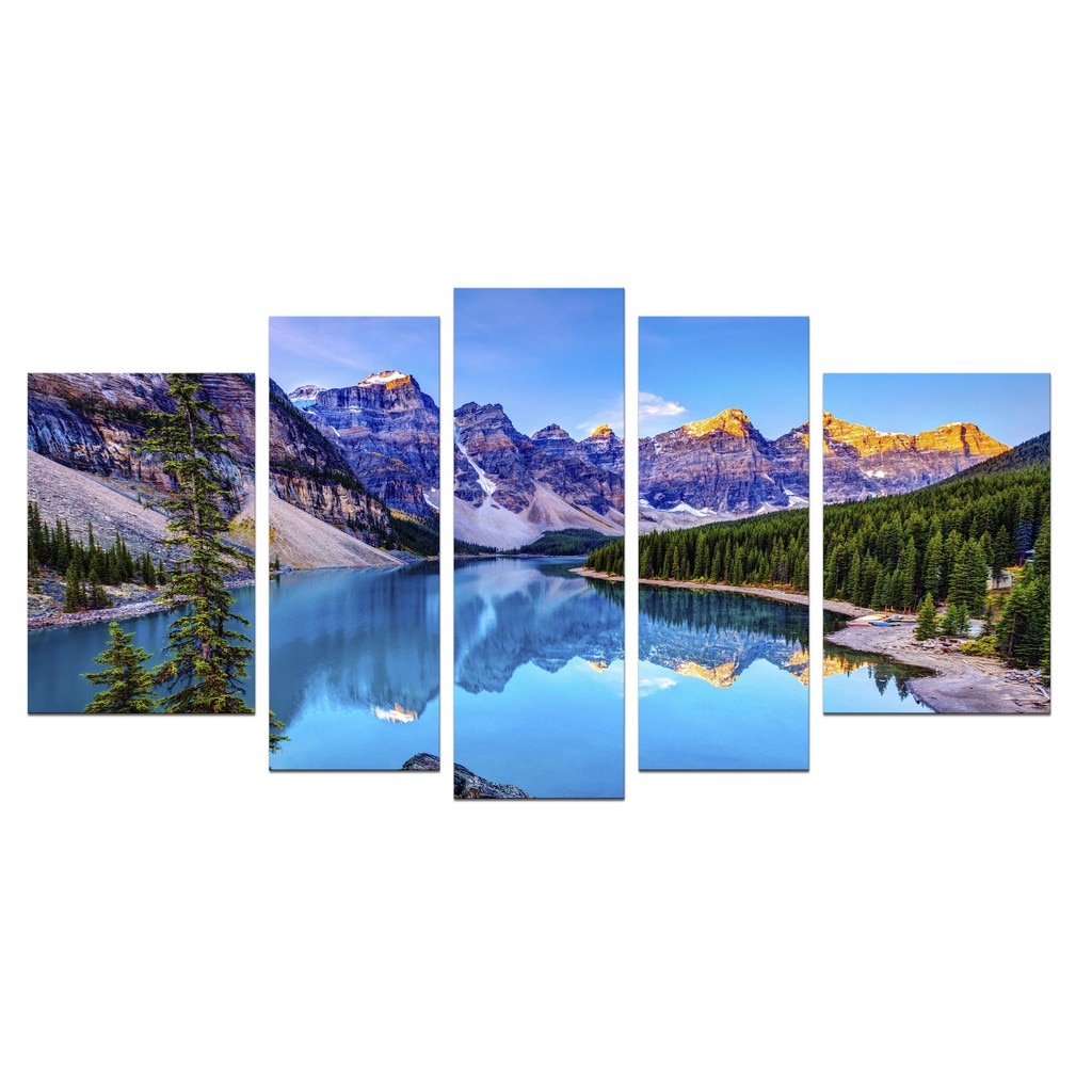 Set Tablou DualView Startonight Lac de Munte, 5 piese, luminos in intuneric, 90 x 180 cm (1 piesa 30 x 90 cm, 2 piese 30 x 80 cm, 2 piese 40 x 60 cm)