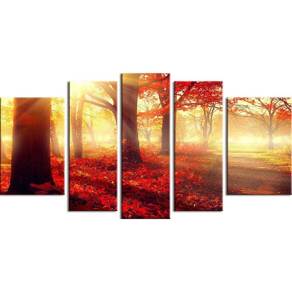 Set Tablou DualView Startonight Dimineata in Padure, 5 piese, luminos in intuneric, 90 x 180 cm (1 piesa 30 x 90 cm, 2 piese 30 x 80 cm, 2 piese 40 x 60 cm)