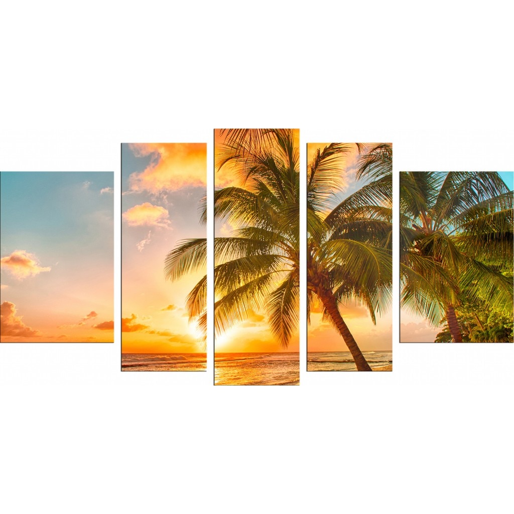 Set Tablou DualView Startonight Palmier pe plaja, 5 piese, luminos in intuneric, 90 x 180 cm (1 piesa 30 x 90 cm, 2 piese 30 x 80 cm, 2 piese 40 x 60 cm)