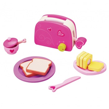 Set de Joaca din Lemn pentru Micul Dejun, Include Toaster, Felii de Paine Prajita si Unt, Lucrat Manual, 13 Piese Model Inimioare, Roz Set de Joaca din Lemn pentru Micul Dejun, Include Toaster, Felii de Paine Prajita si Unt, Lucrat Manual, 13 Piese Model Inimioare, Roz