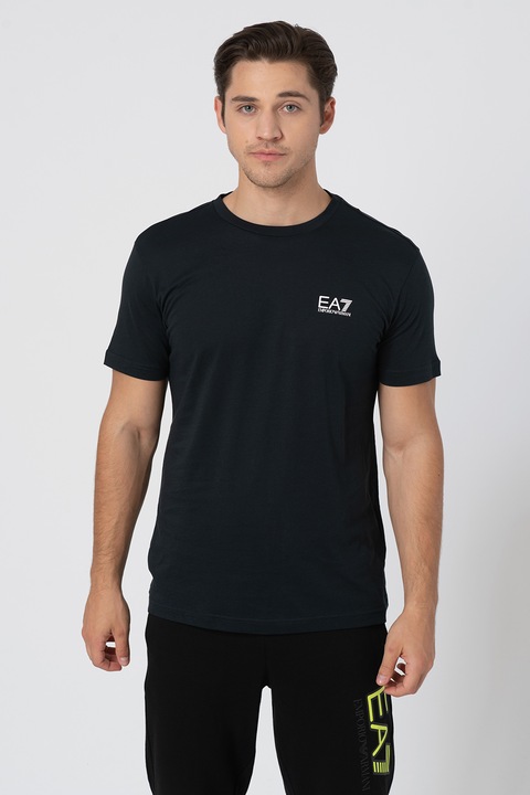 EA7, Памучна тениска с овално деколте, Тъмносин