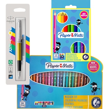 Set Parker/Papermate Stilou Jotter Standard Yellow + 24 carioci + 12 creioane colorate Set Parker/Papermate Stilou Jotter Standard Yellow + 24 carioci + 12 creioane colorate