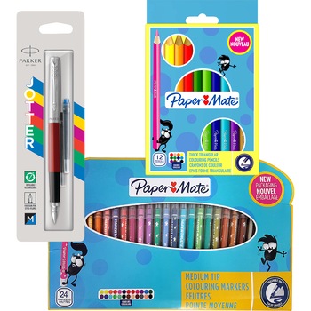 Set Parker/Papermate Stilou Jotter Standard Red + 24 carioci + 12 creioane colorate Set Parker/Papermate Stilou Jotter Standard Red + 24 carioci + 12 creioane colorate