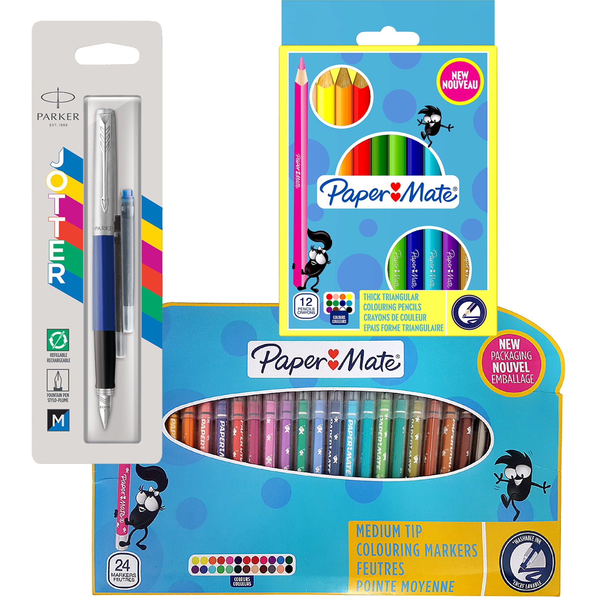 Set Parker/Papermate Stilou Jotter Standard Blue + 24 carioci + 12 creioane colorate