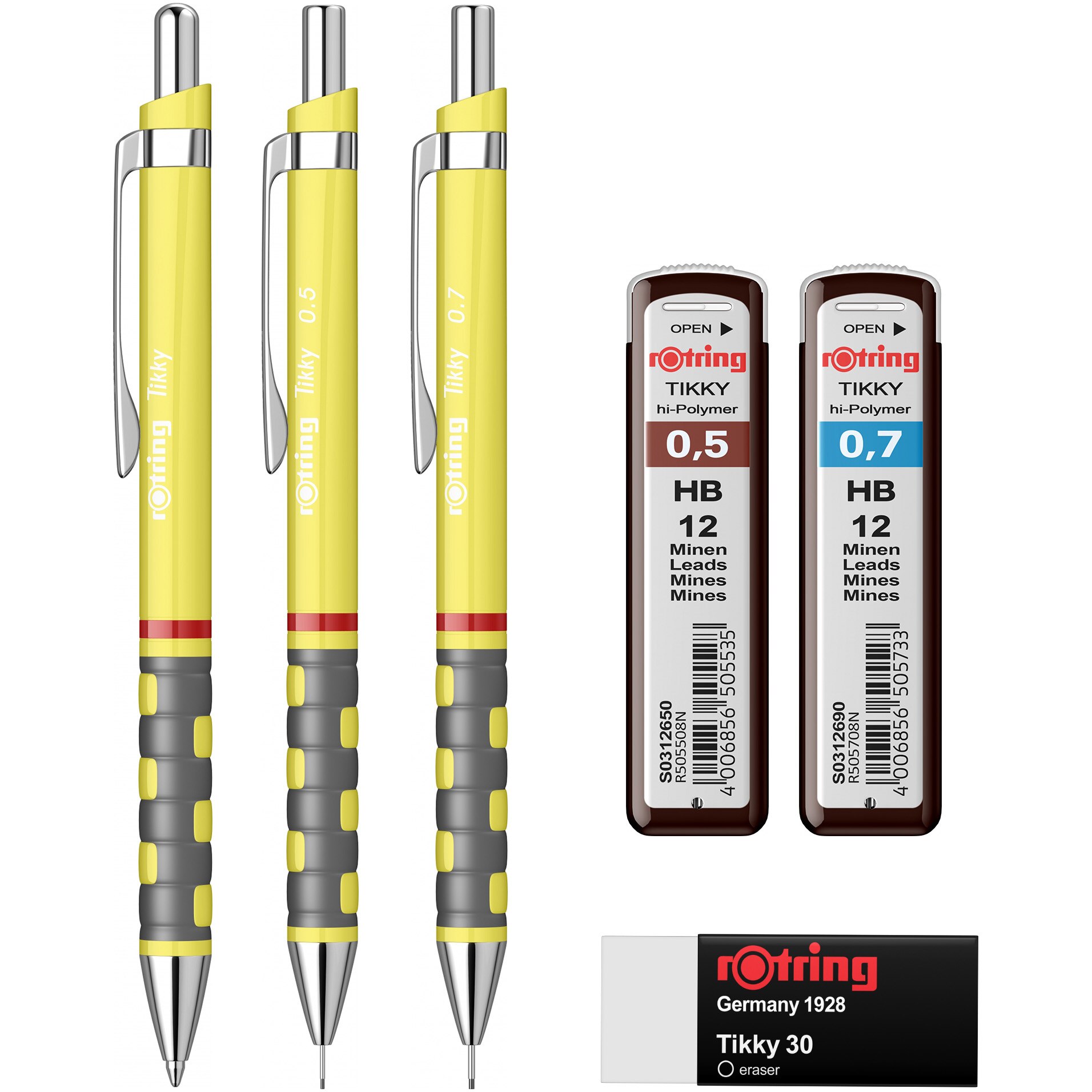 Set Rotring creion mec. 0.5/0.7/Pix Tikky Yellow Neon + mina 0.5/0.7 + radiera Tikky 30