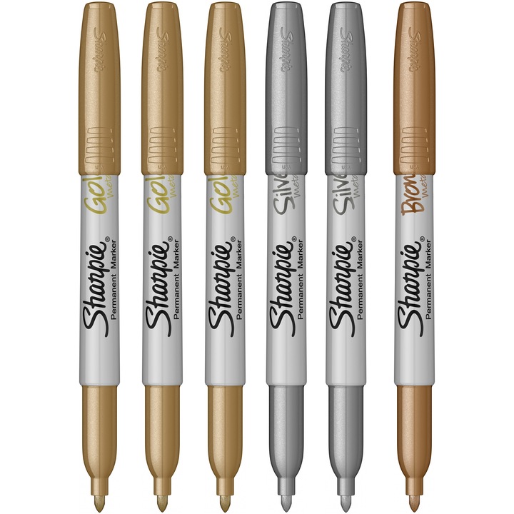 Комплект маркери Sharpie, 6 бр., Metallic, 3 gold + 2 silver + 1 bronzе