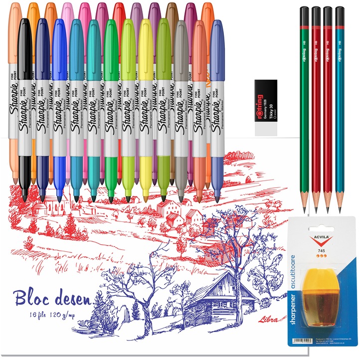 Комплект Sharpie/Rotring, 24 перманентни маркера + 4 дървени молива + Гумичка Tikky 30 + Острилка с контейнер + Блокче за рисуване, A4, 16 листа