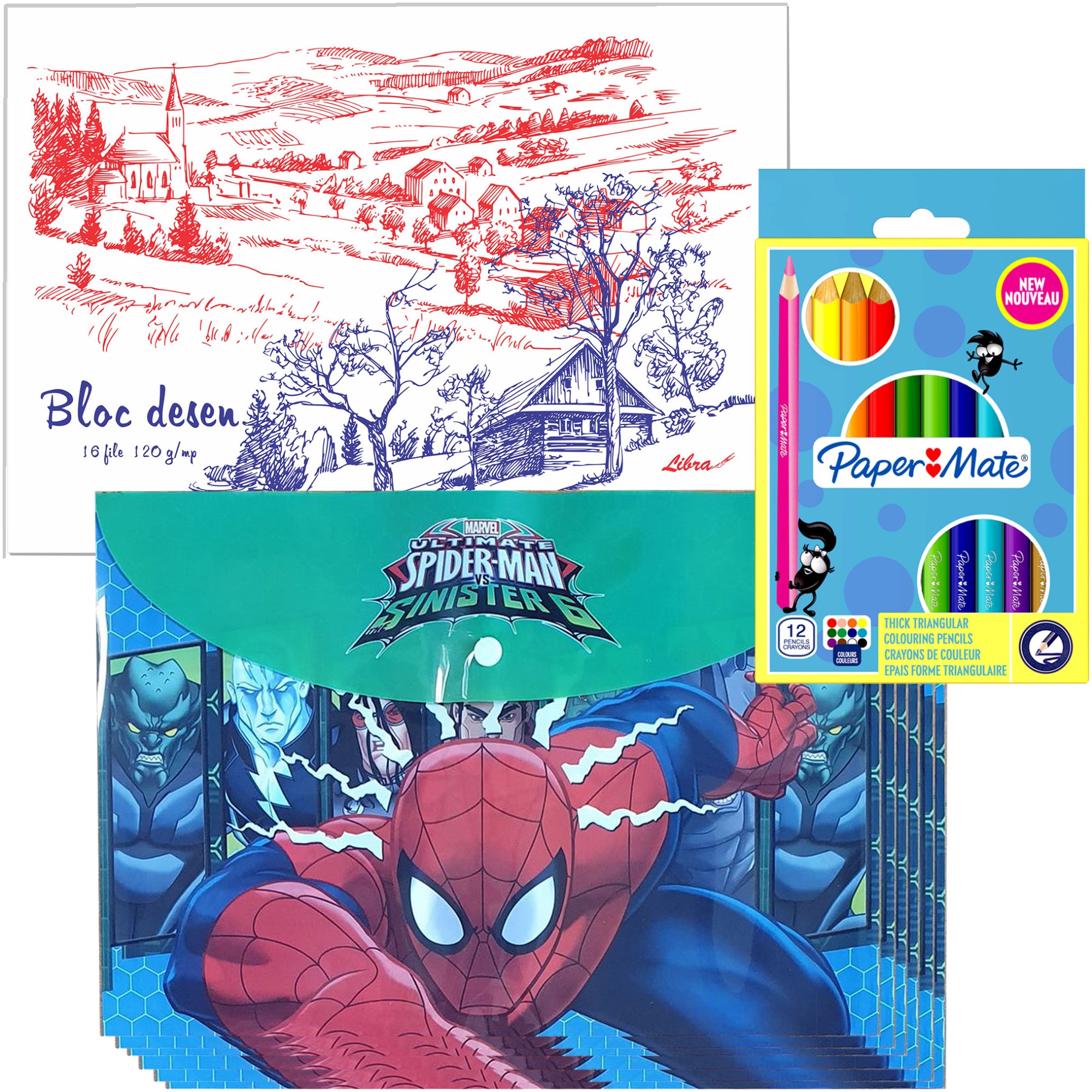 Set Papermate 12 creioane colorate + bloc desen A4 16 file + 10 mape plastic cu capsa format A4 licente Spider Man