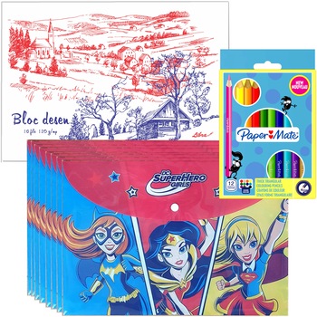 Set Papermate 12 creioane colorate + bloc desen A4 16 file + 10 mape plastic cu capsa format A4 licente SuperHero Girls Set Papermate 12 creioane colorate + bloc desen A4 16 file + 10 mape plastic cu capsa format A4 licente SuperHero Girls