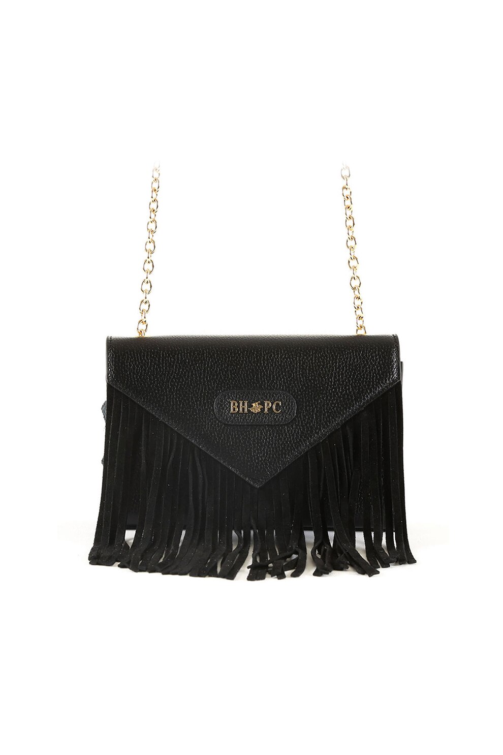Beverly Hills Polo Club, Geanta crossbody din piele cu bareta din lant si franjuri, Negru/Auriu