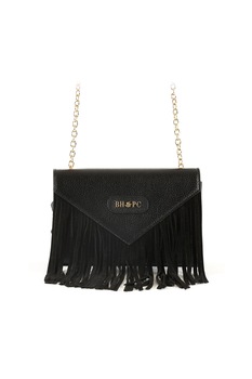Beverly Hills Polo Club, Geanta crossbody din piele cu bareta din lant si franjuri, Negru/Auriu Beverly Hills Polo Club, Geanta crossbody din piele cu bareta din lant si franjuri, Negru/Auriu