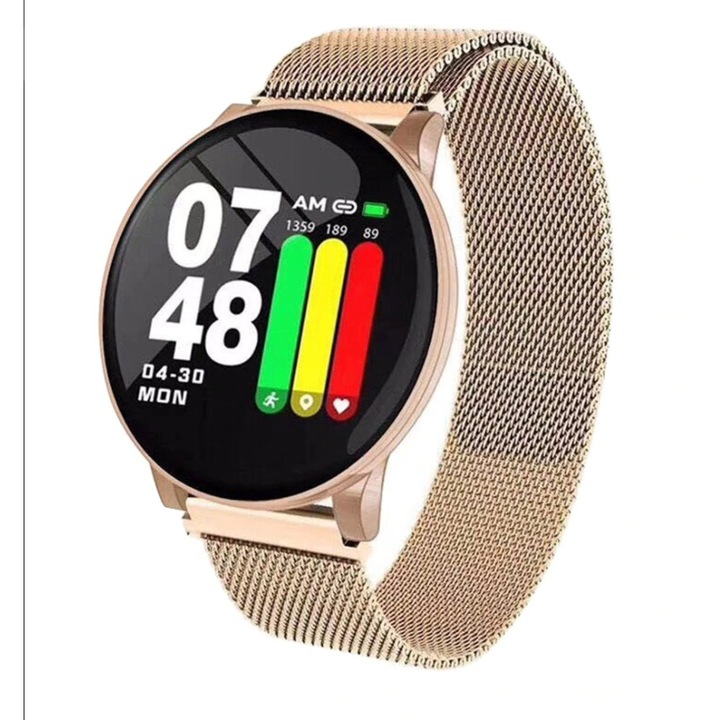 Ceas SmartWatch si Bratara Fitness 2 in 1 "LikeSmart TIMEFLY", Ultra Subtire, Notificari, Monitorizare ritm cardiac, tensiune arteriala, Antisedentarism, Afisaj Meteo, Metalic Gold