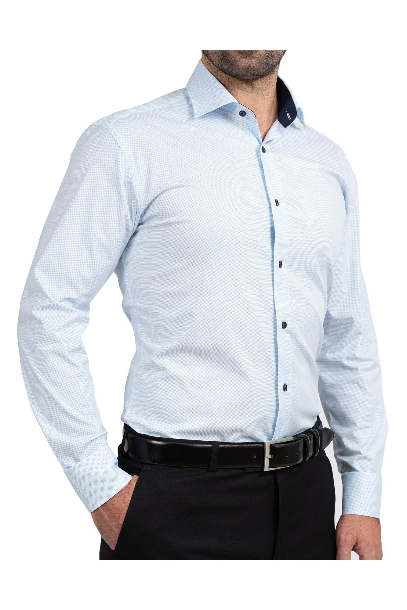 Camasa bumbac alba slim cu picouri bleu