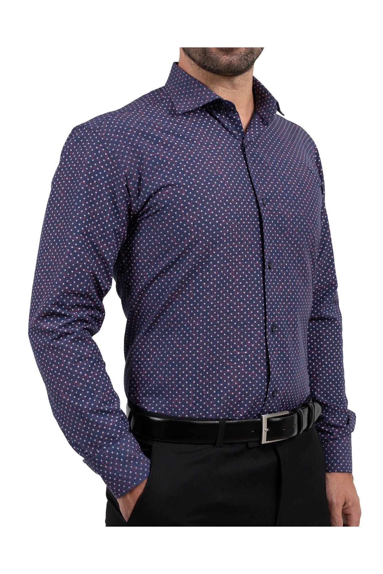 Camasa slim fit bleumarin cu imprimeuri roz, GAMA, 37-38 EU