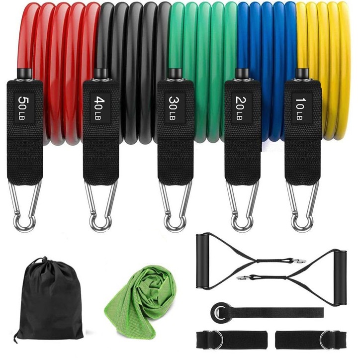 Set 12 benzi elastice de rezistenta pentru antrenament si prosop, Tritina, Premium, Multicolor