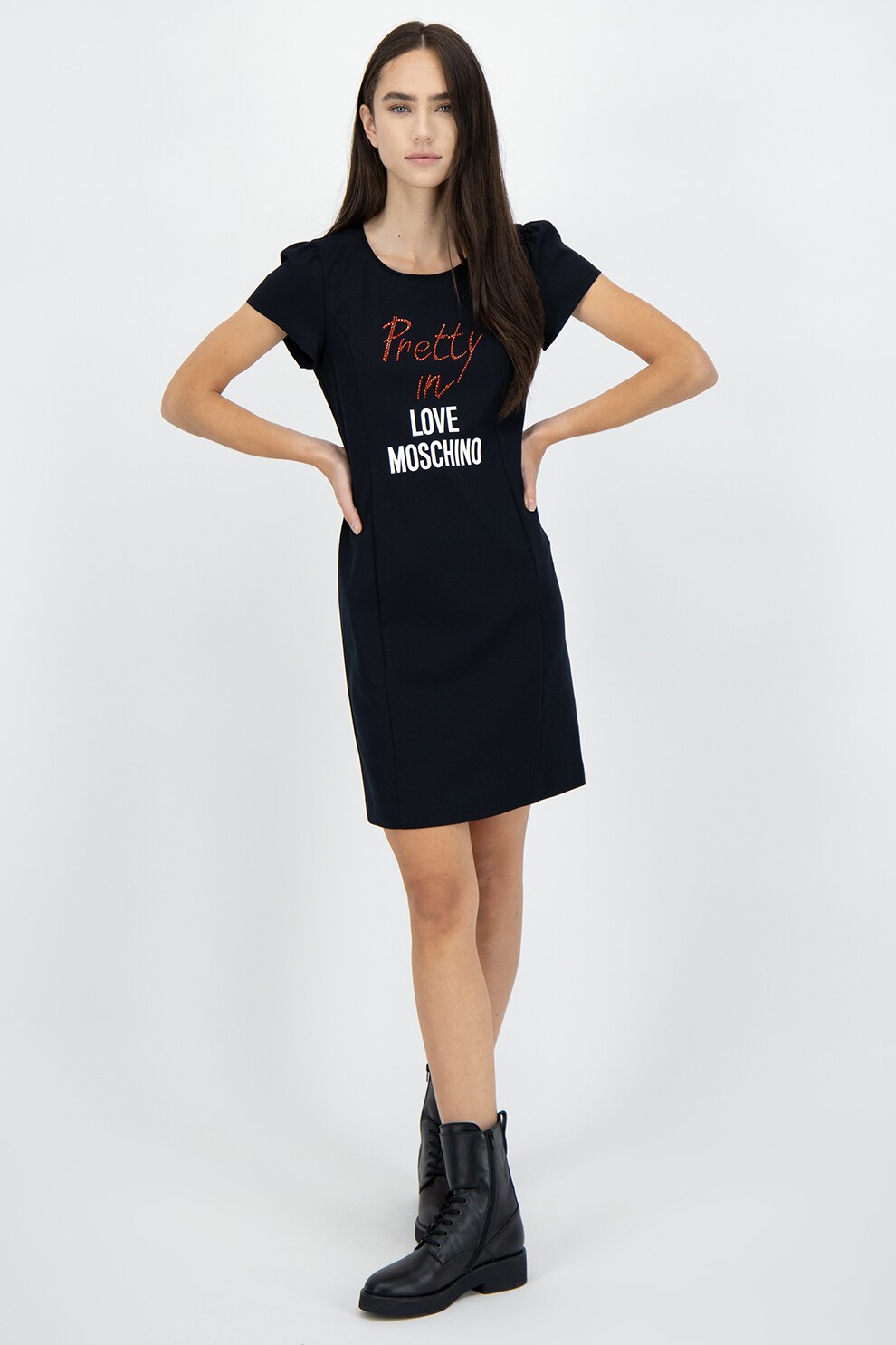 Love Moschino, Rochie cu maneci scurte si imprimeu text, Negru