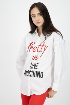 Love Moschino, Camasa supradimensionata cu text contrastant, Alb/Rosu Love Moschino, Camasa supradimensionata cu text contrastant, Alb/Rosu