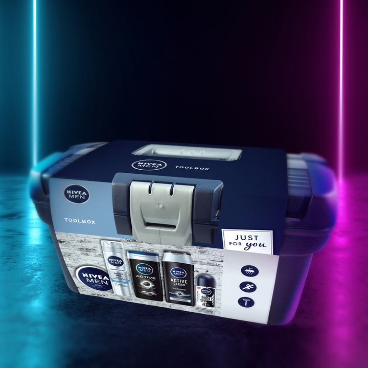 Set cadou Nivea Men Toolbox: Gel de ras Silver Protect, 200ml + Crema Nivea Men, 150 ml + Deodorant roll-on Invisible for Black&White Power, 50 ml + Gel de dus Activ Clean, 250 ml + Sampon Activ Clean, 250 ml + Toolbox