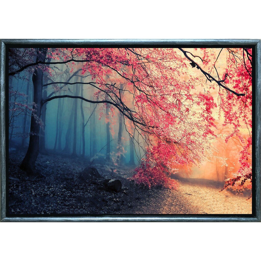 Tablou DualView Startonight Frunze rosii, Rama exterioara Luxury Silver, luminos in intuneric, 70 x 100 cm