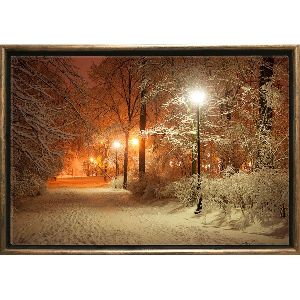 Tablou DualView Startonight Iarna in parc, Rama exterioara Luxury Bronze, luminos in intuneric, 70 x 100 cm