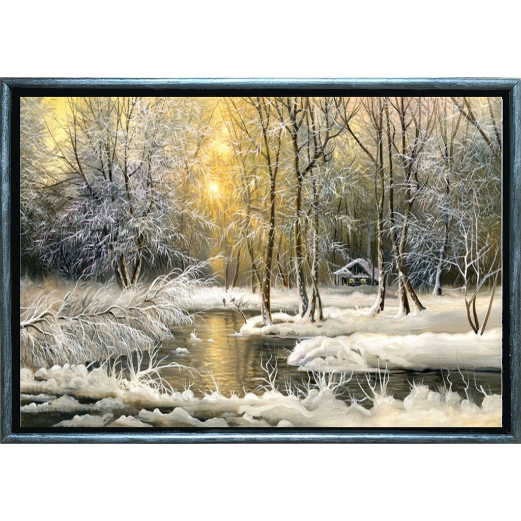 Tablou DualView Startonight Iarna pe lac, Rama exterioara Luxury Silver, luminos in intuneric, 50 x 70 cm