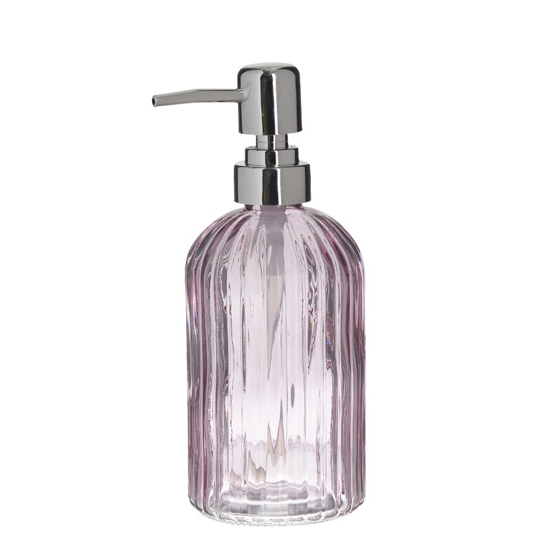 Recipient pentru sapun din sticla roz model dungi, inaltime 18 cm diametru 7,5 cm