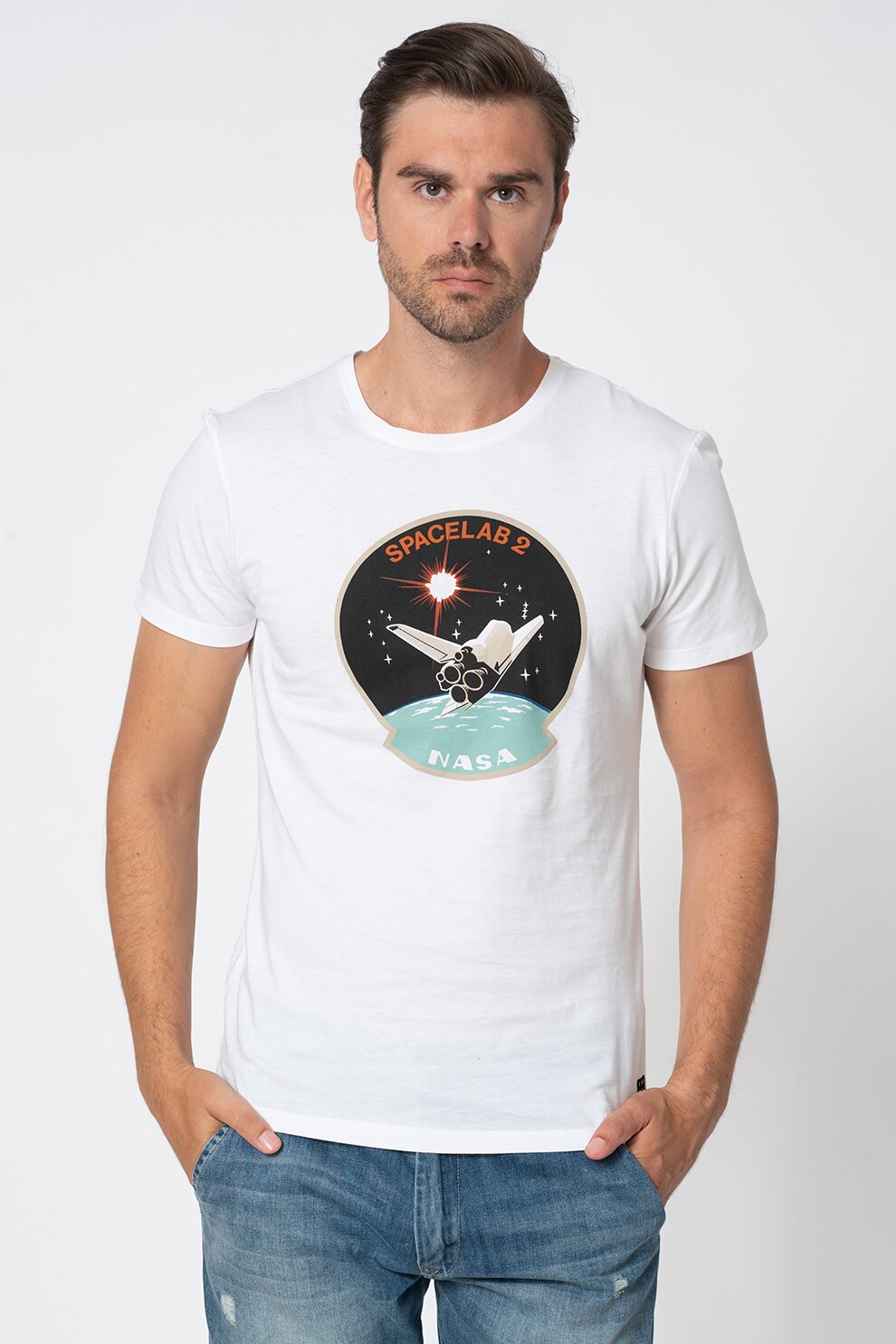 BLEND, Tricou cu decolteu la baza gatului cu imprimeu grafic, Alb