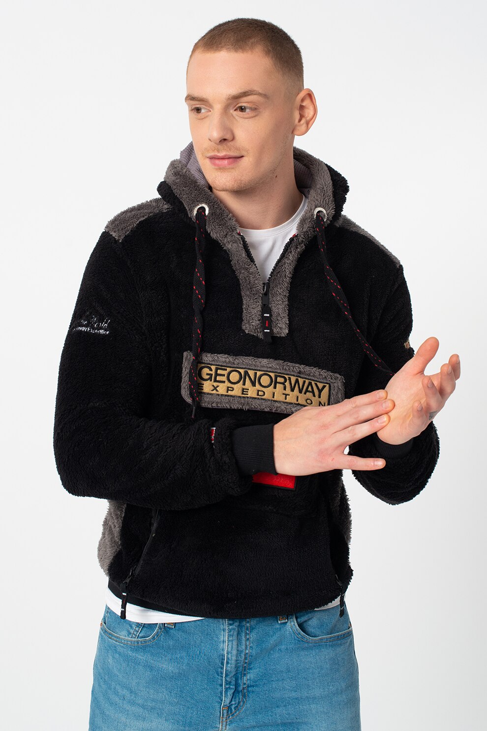 Geographical Norway, Hanorac cu fermoar si logo Gymclass, Negru/Gri inchis