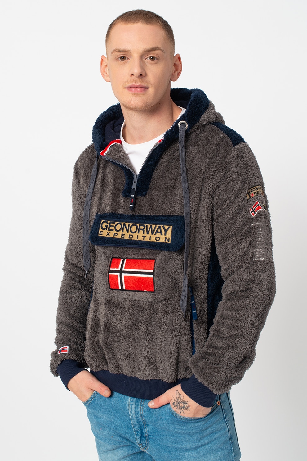 Geographical Norway - Sherco Gymclass Fleece Hooded Sweatshirt Navy Blue Light Grey