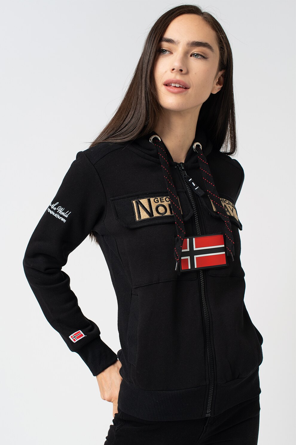 Geographical Norway, Hanorac cu fermoar si logo Gymclass, Negru/Maro nisip/Rosu