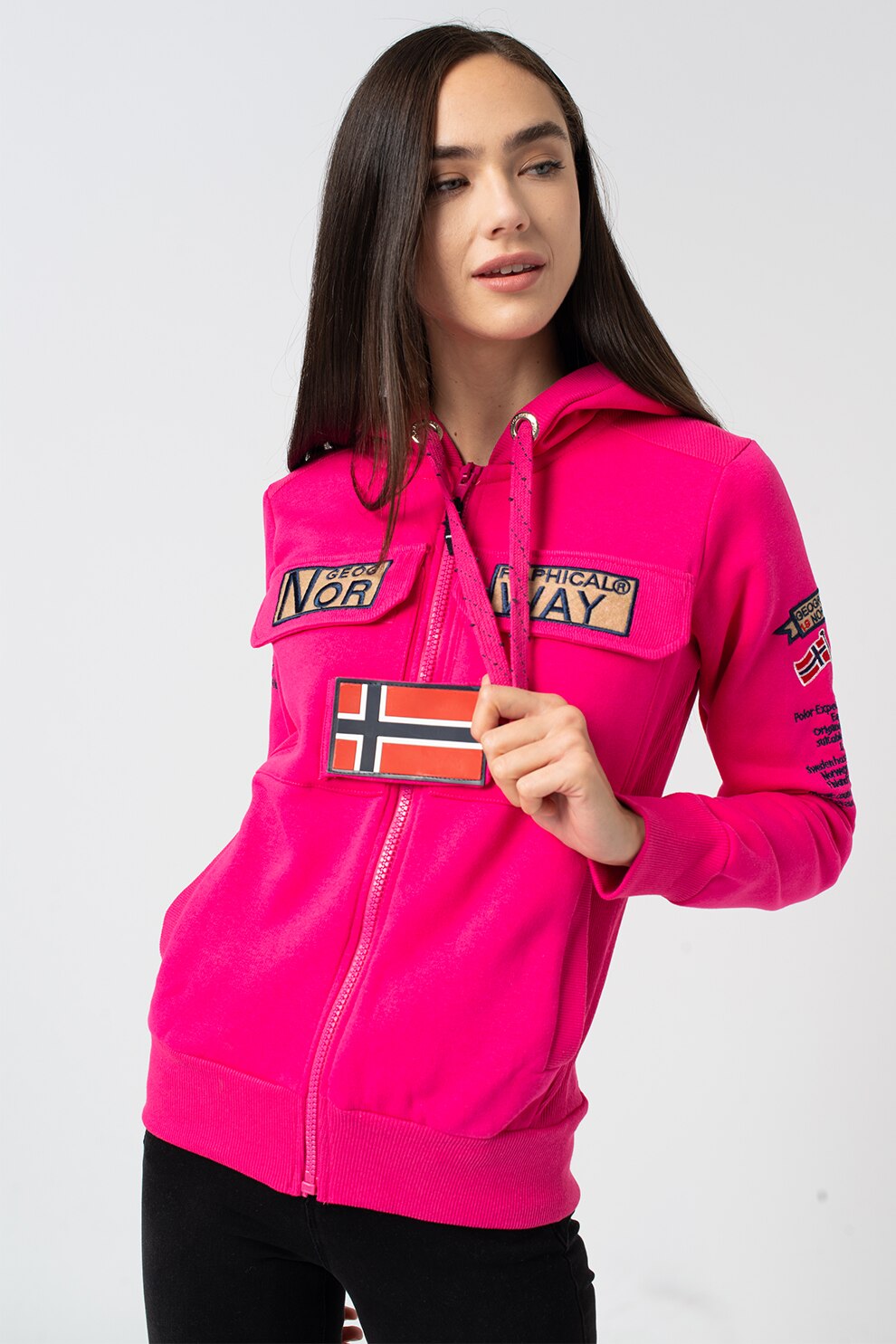 Geographical Norway, Hanorac cu fermoar si logo Gymclass, Fucsia