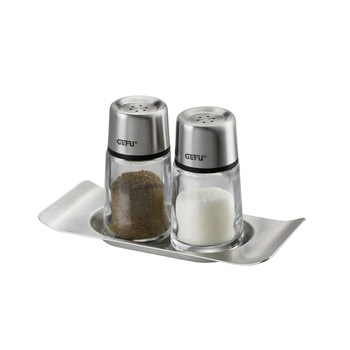 Set 2 recipiente pentru sare si piper cu tava, Brunch, Gefu Set 2 recipiente pentru sare si piper cu tava, Brunch, Gefu