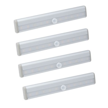 Set 4 Lampi LED cu senzor de miscare pe baterii si banda autoadeziva, pentru dressing, scari, dulapuri, hol, 19x3x1 cm Set 4 Lampi LED cu senzor de miscare pe baterii si banda autoadeziva, pentru dressing, scari, dulapuri, hol, 19x3x1 cm