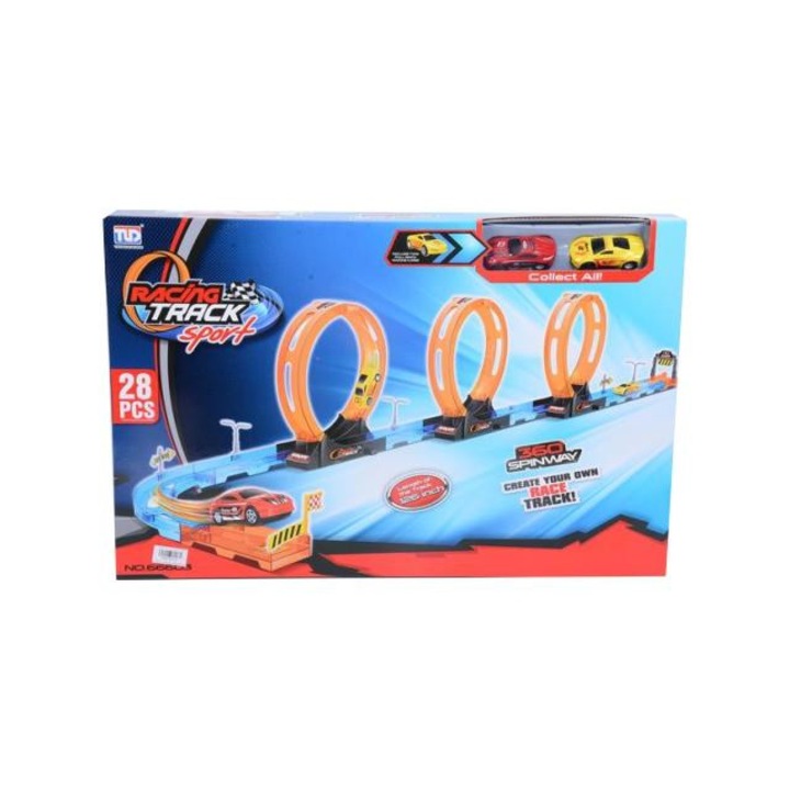 MK Toys 5834221 Racing Track 28db-os versenypálya szett 3db hurokkal és 2db hátrahúzható autóval 1/64