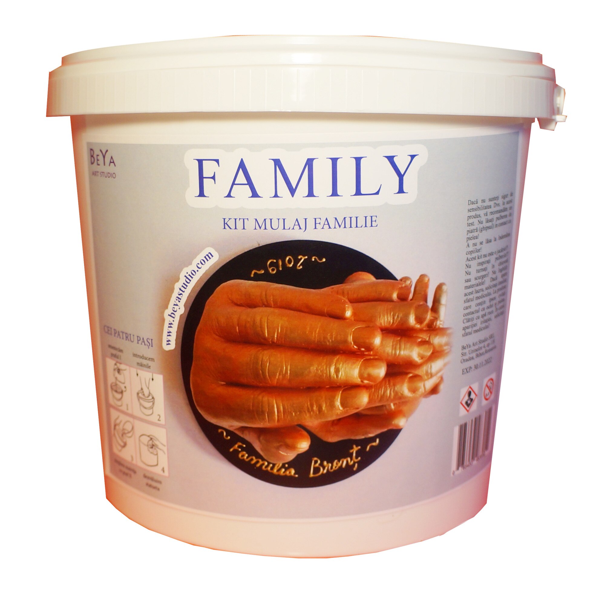 Kit mulaj maini 3D Familie, amprenta mulaj maini familie pentru 5 maini adulte sau copii, cadou inedit, cu vopsea metalica , BeYa Studio
