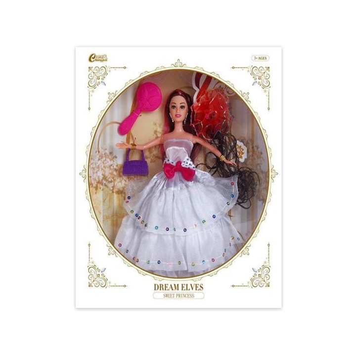 Magic Toys 3996860 Divatbaba póthajjal és kiegészítőkkel fehér ruhában 30cm Többszínű