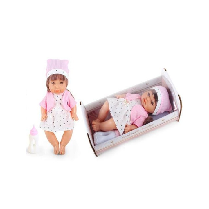 Magic Toys 3989398 Pisilő baba csillagos ruhában hanggal és kisággyal 30cm Többszínű