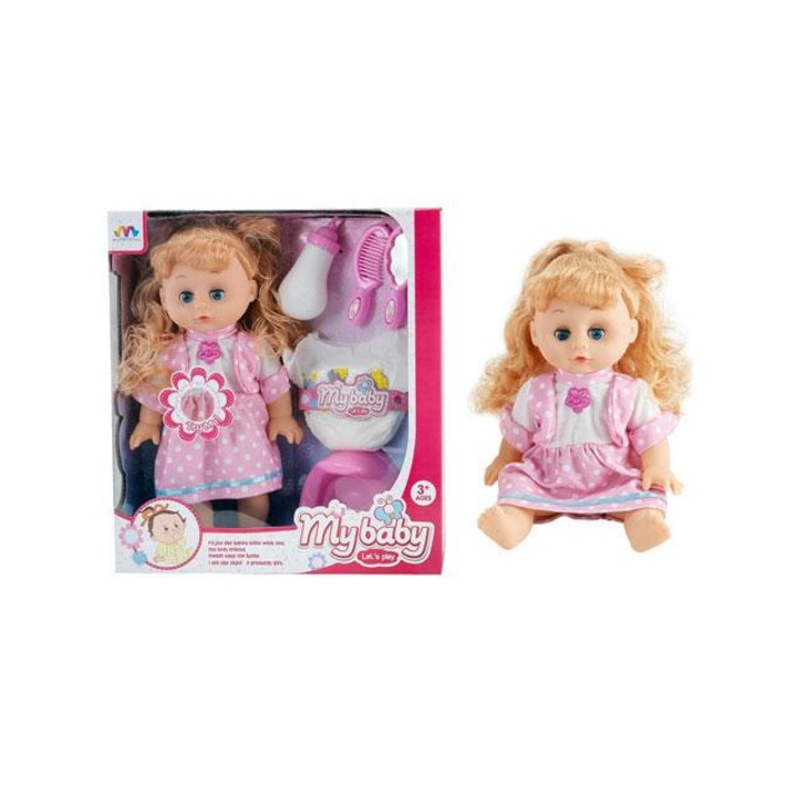 Magic Toys 1462732 Világos barna hajú pisilős baba hanggal, bilivel és kiegészítőkkel Többszínű