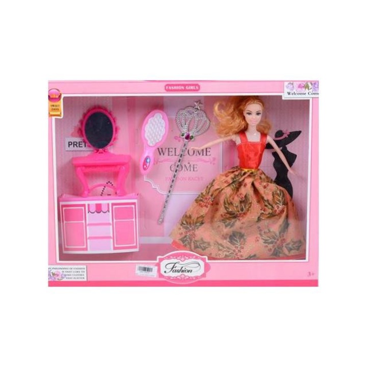 Magic Toys 2394865 Fashion Girl: Divat baba készlet sminkasztallal és fésűvel 30cm-es Többszínű