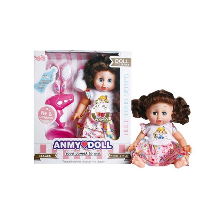 Magic Toys 2706170 Barna hajú pisilős baba hajszárítóval, bilivel és kiegészítőkkel Többszínű