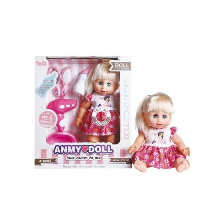 Magic Toys 2705906 Pisilős baba bilivel, hajszárítóval és kiegészítőkkel Többszínű