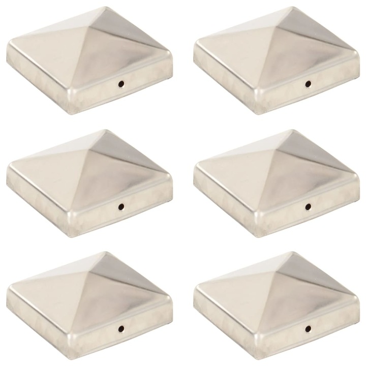 Set 6 capace piramidale pentru stalp de gard, vidaXL, Metal, 81 x 81 mm, Argintiu