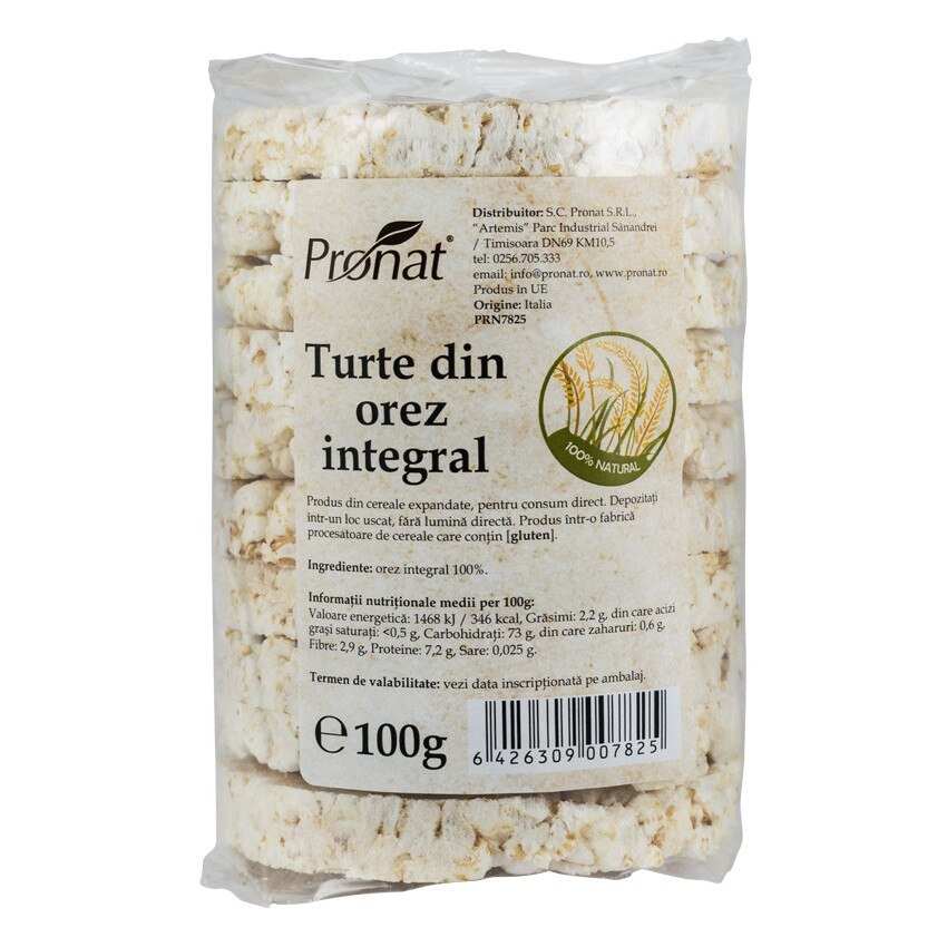 Turte natur din orez integral, fara sare, Pronat, 100 g