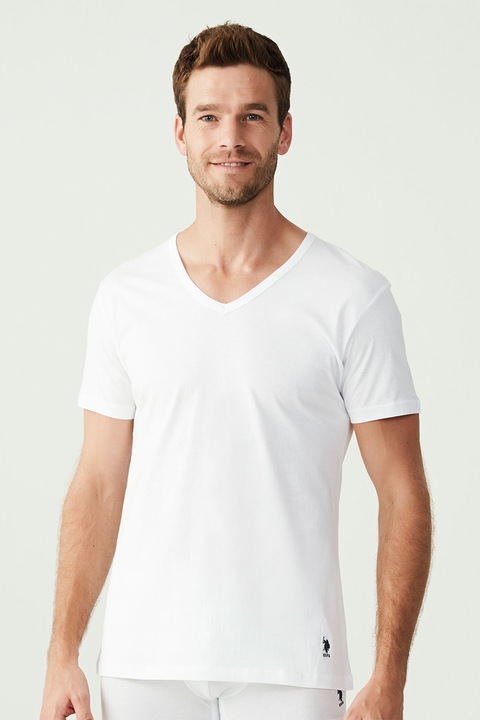 U.S. Polo Assn., Set de tricouri de casa cu decolteu in V - 2 piese, Alb